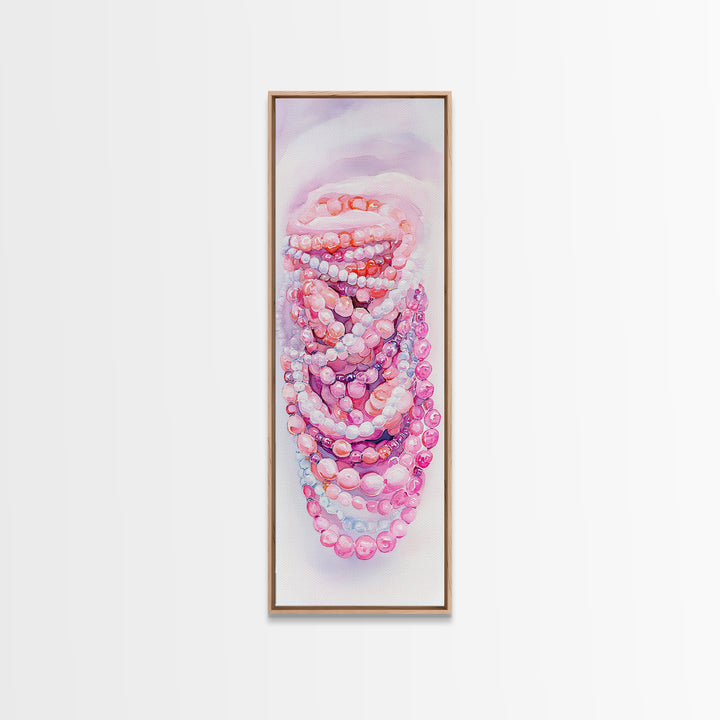Pastel Beads Canvas Print - Whimsical Tall Narrow Art, Pink Pearl Inspired Jewelry Painting, Vertical Art for Boho Bedroom