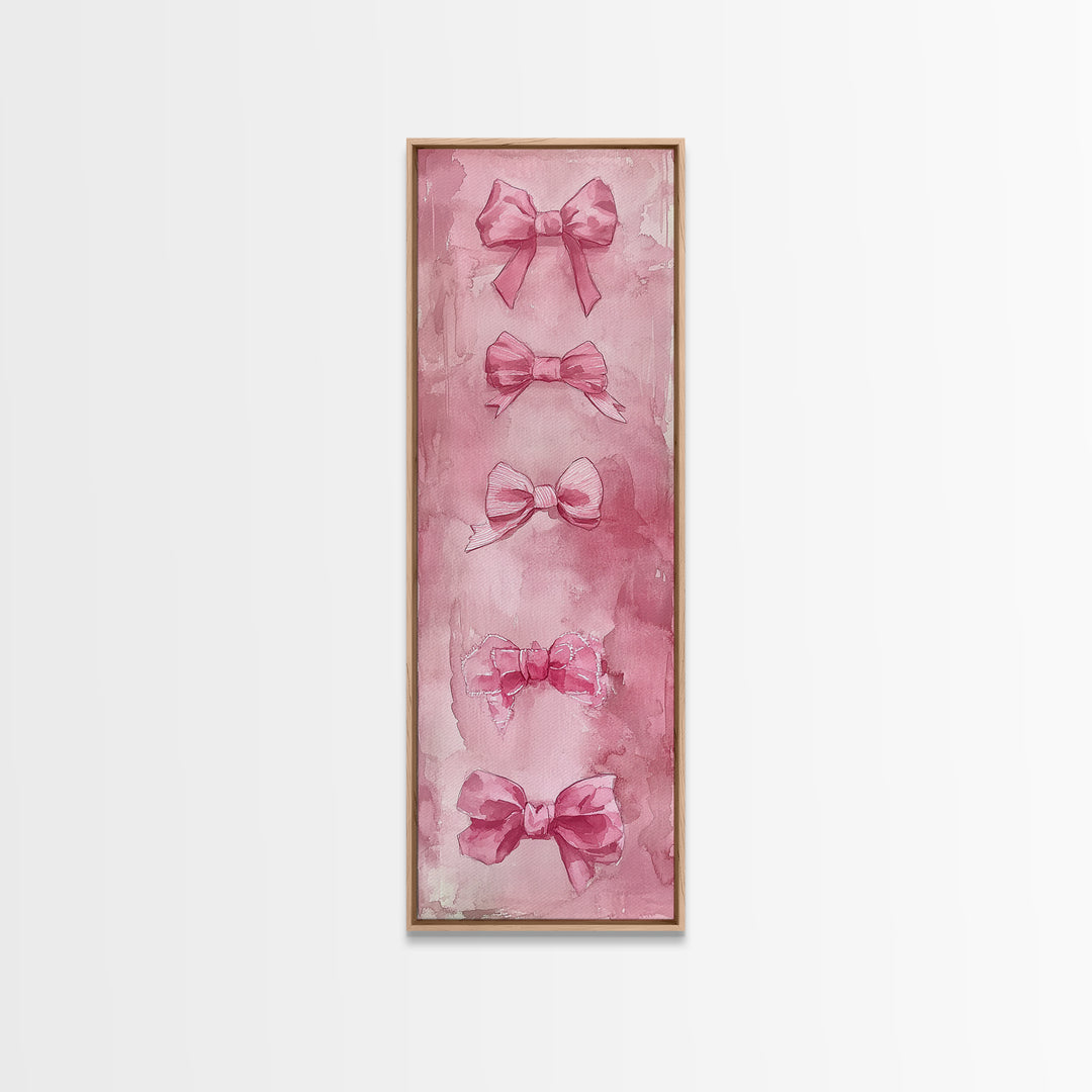 Pink Bows Framed Canvas Print Whimsical Art Light Pink Wall Art Long Narrow Wall Art Tall Skinny Art Dorm Decor Gift Idea