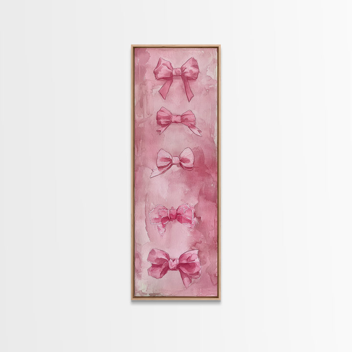 Pink Bows Framed Canvas Print Whimsical Art Light Pink Wall Art Long Narrow Wall Art Tall Skinny Art Dorm Decor Gift Idea