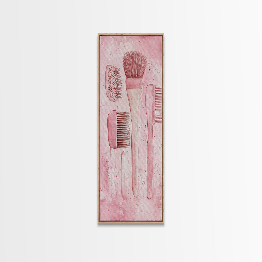 Hairbrushes And Combs Framed Canvas Print Light Pink Wall Art Minimalist Art Long Narrow Wall Art Tall Skinny Art Gift Idea