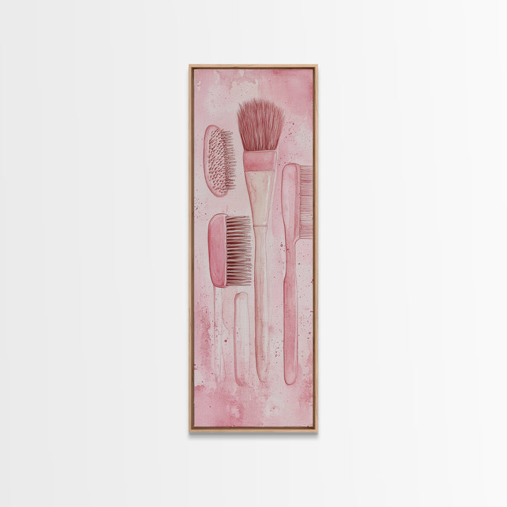 Hairbrushes And Combs Framed Canvas Print Light Pink Wall Art Minimalist Art Long Narrow Wall Art Tall Skinny Art Gift Idea