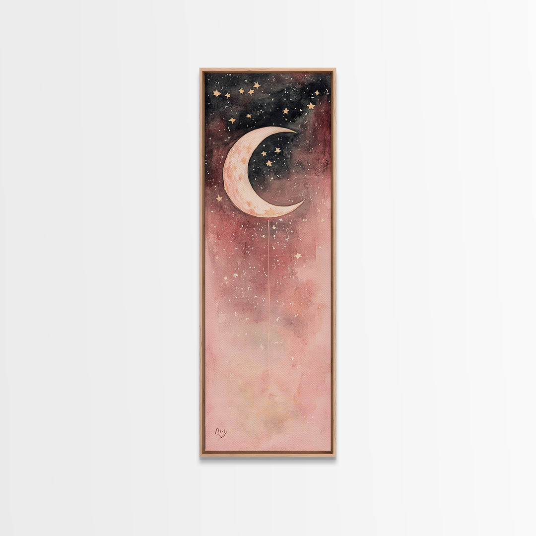 Crescent Moon Canvas Print Starry Night Pink Abstract Vertical Wall Art Zen Room Decor Dreamy Boho Gift Idea