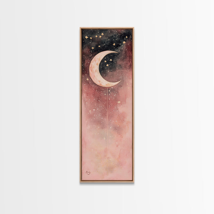Crescent Moon Canvas Print Starry Night Pink Abstract Vertical Wall Art Zen Room Decor Dreamy Boho Gift Idea