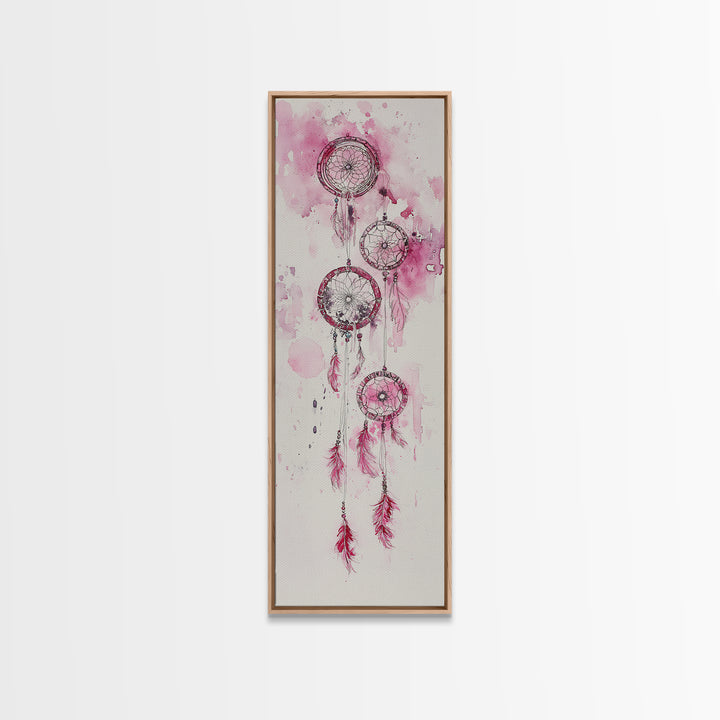 Dreamcatcher Pink Feathers Framed Canvas Print Boho Wall Art Minimalist Long Narrow Art Bedroom Decor Vertical Dorm Wall Art