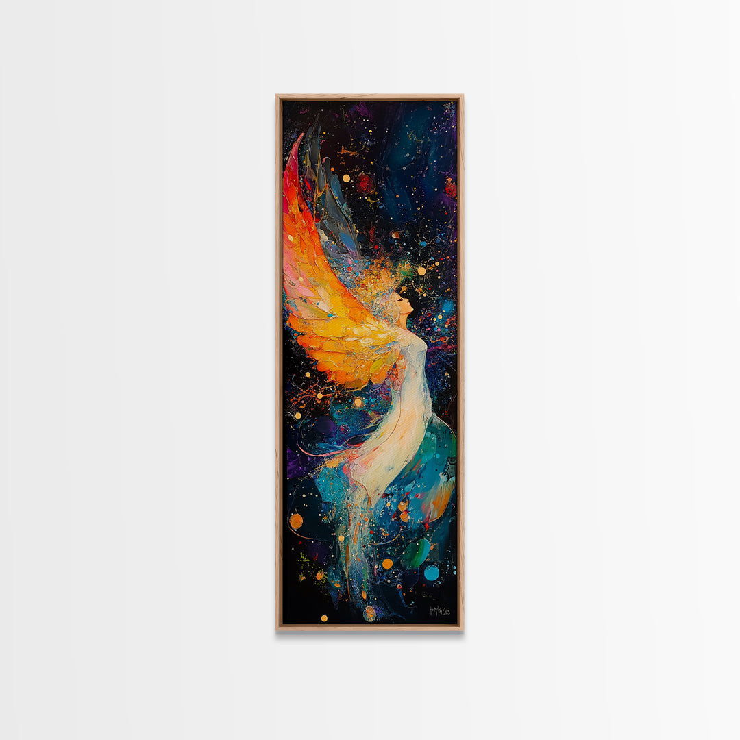 Abstract Angel Framed Canvas Print with Vibrant Colors, Phoenix Metal Art, Long Narrow Wall Art, Living Room Art, Vertical Wall Art