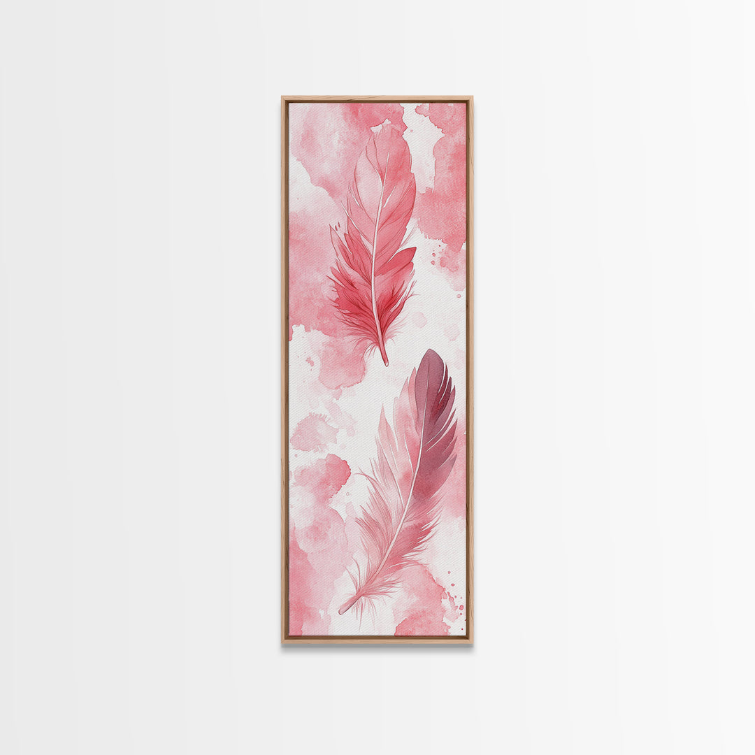 Elegant Feather Art Framed Canvas Print Boho Wabi Sabi Decor Vertical Wall Art Minimalist Feather Design Light Pink Wall Art