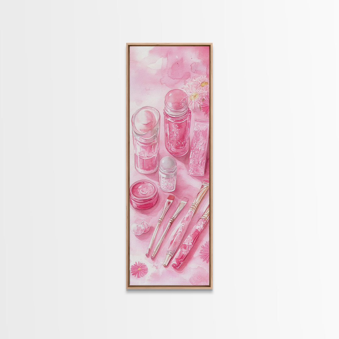 Pastel Pink Beauty Tools Canvas Print Feminine Wall Art Light Pink Bathroom Decor Makeup Lover Rustic Vertical Artwork Girly
