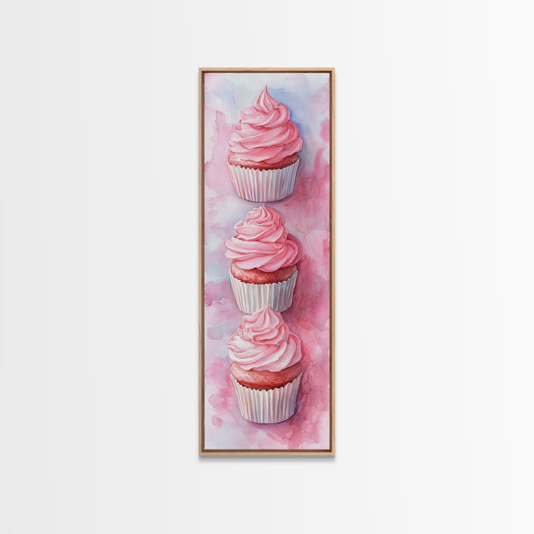 Pink Cupcake Trio Canvas Print, Whimsical Kitchen Art, Rustic Light Pink Wall Art, Food Review Vertical Artwork, Gift Idea For Her