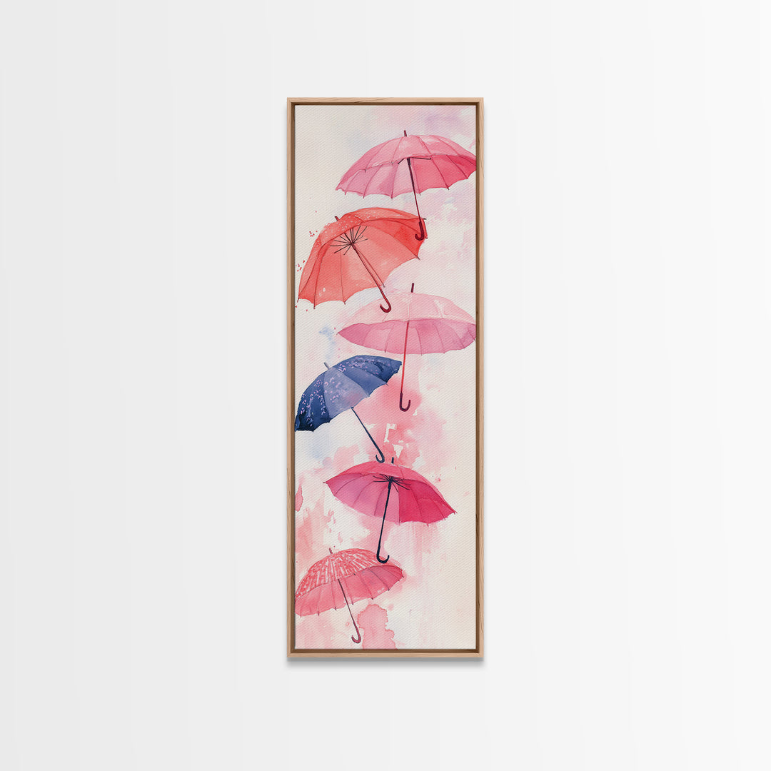 Vibrant Umbrellas Framed Canvas Print in Pink Orange Wall Art Style Perfect Whimsical Vertical Art for Dorm or Playful Decor