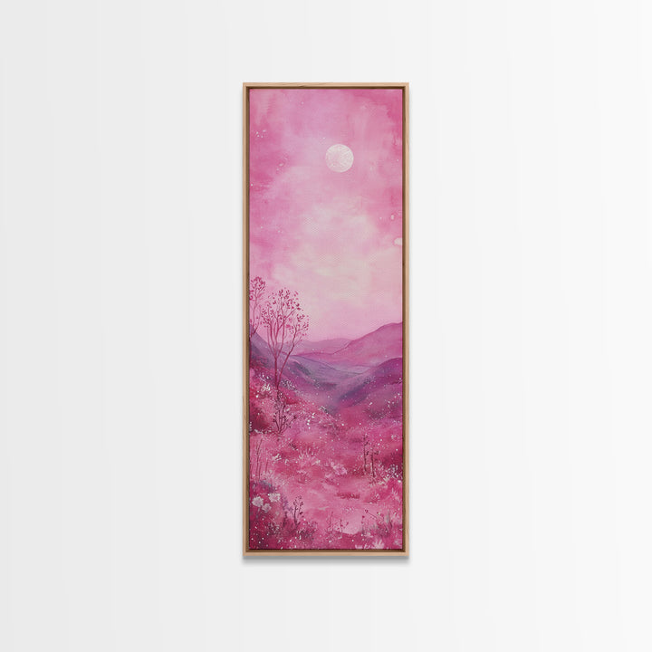 Mystical Pink Moon Framed Canvas Print with Wildflower and Mountain Painting Perfect Moody Landscape Art for Living Room