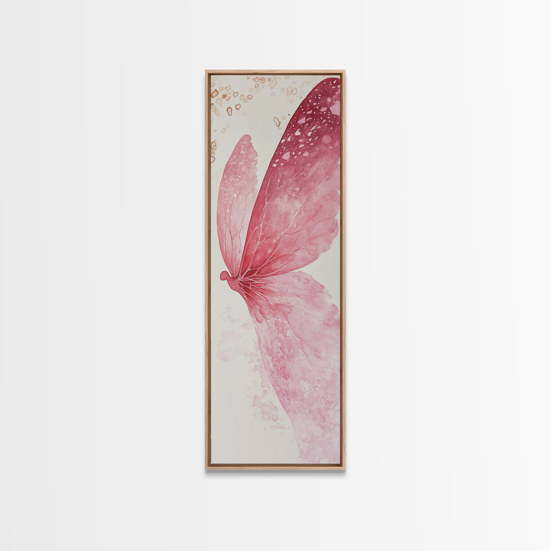 Pink Butterfly Whimsical Art Framed Canvas Print, Cherry Blossom Painting with Light Pink Abstract Style, Minimalist Vertical Wall Art