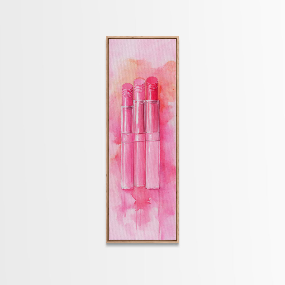 Light Pink Lipsticks Framed Canvas Print, Modern Whimsical Art, Abstract Vertical Art for Makeup Room or Girly Dorm Wall Decor