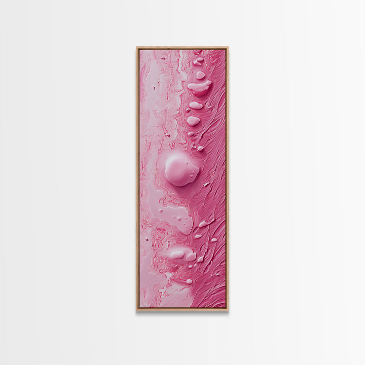 Pink Texture Abstract Framed Canvas Print, Minimalist Blotter Art in Light Pink Tones, Skinny Wall Art for Modern Bedroom or Office