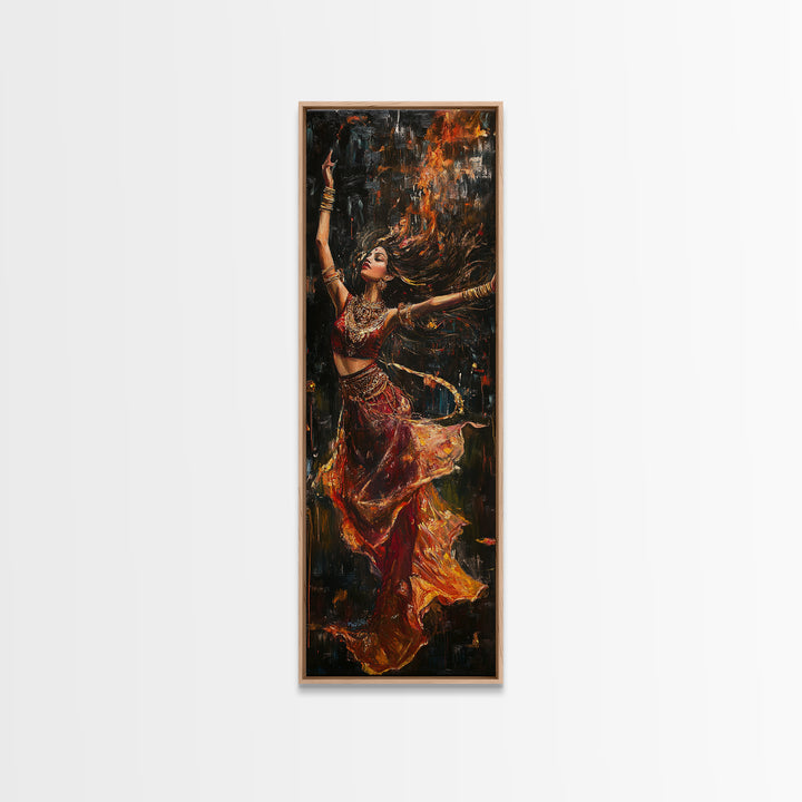 Dancing Woman Framed Canvas Print, Fiery Dark Romance Painting, Original Vertical Art for Bold Bedroom or Statement Living Room Decor
