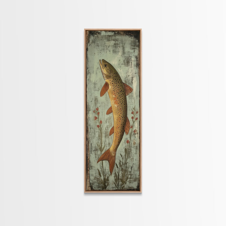 Trout Art Rustic Framed Canvas Print Skinny Vertical Art Fly Fishing Art Rustic Decor Tall Narrow Art Guest Room Wall Decor