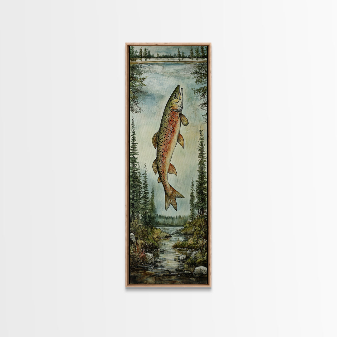 Trout In Mountain Scene Framed Canvas Print Rustic Landscape Art Fly Fishing Wall Art Skinny Wall Art Tall Vertical Decor