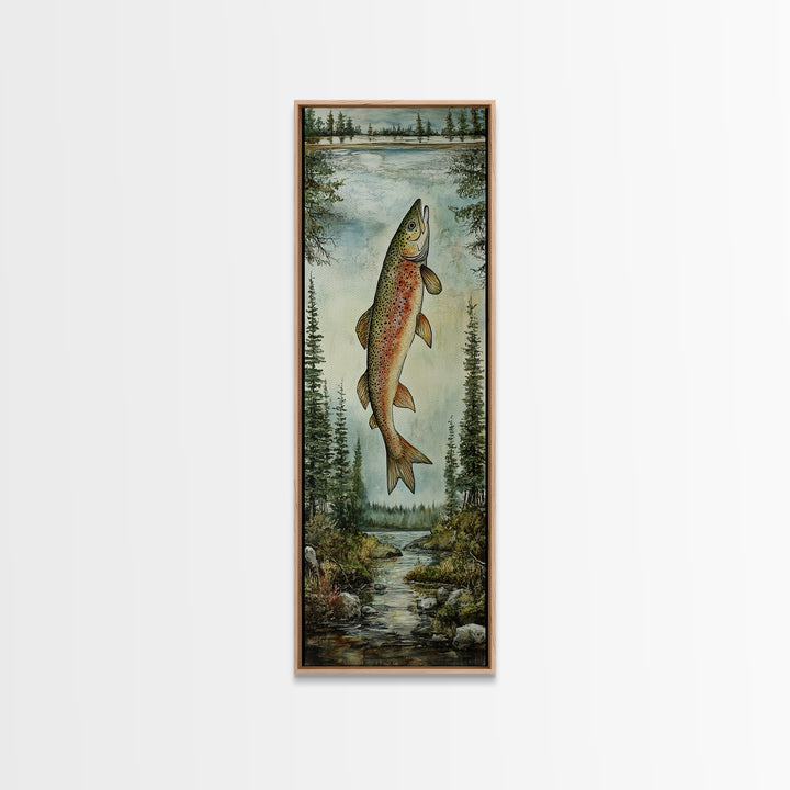 Trout In Mountain Scene Framed Canvas Print Rustic Landscape Art Fly Fishing Wall Art Skinny Wall Art Tall Vertical Decor