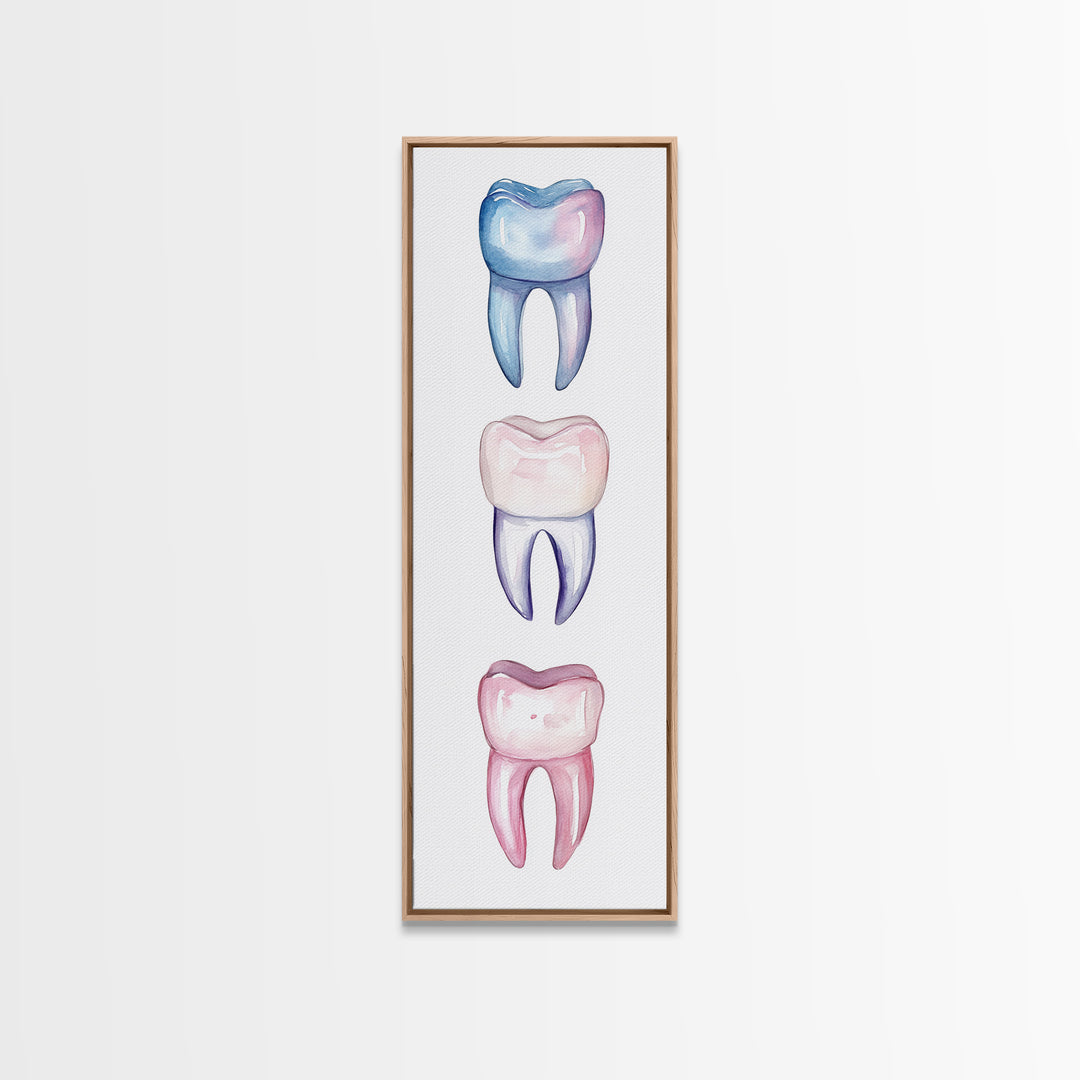 Whimsical Rainbow Teeth Canvas Print, Dentist Office Vertical Wall Art, Vibrant Dental Art Print for Gift Ideas