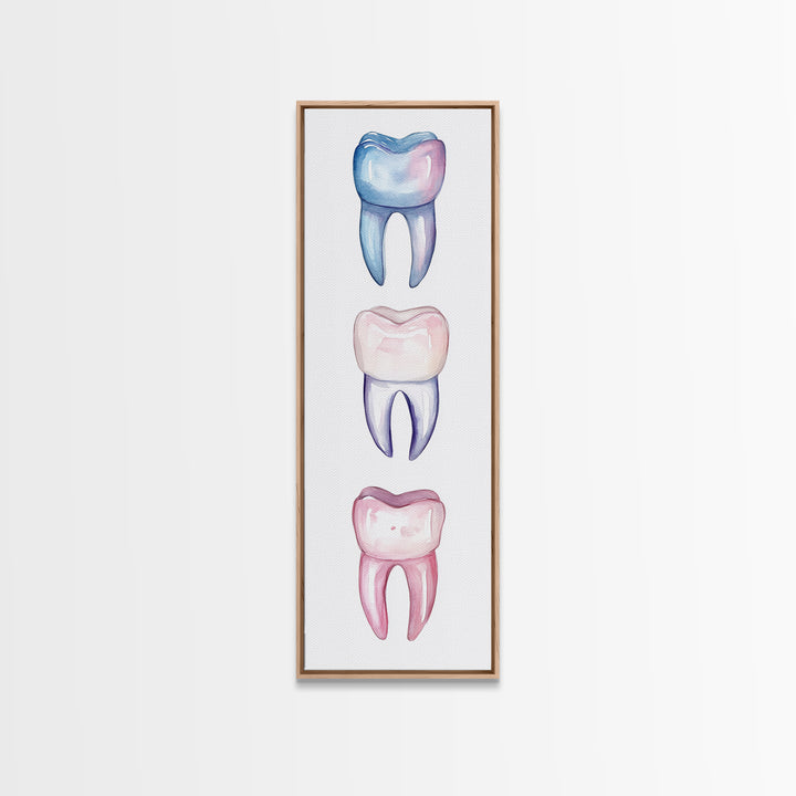 Whimsical Rainbow Teeth Canvas Print, Dentist Office Vertical Wall Art, Vibrant Dental Art Print for Gift Ideas