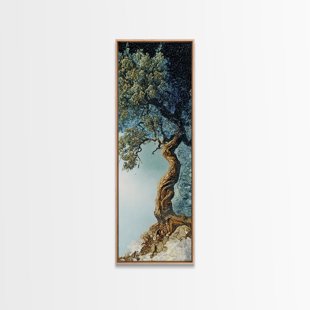 Detailed Oak Tree Framed Canvas Print in Textured Earth Tones, Tall Narrow Wall Art for Living Room or Bedroom Rustic Decor
