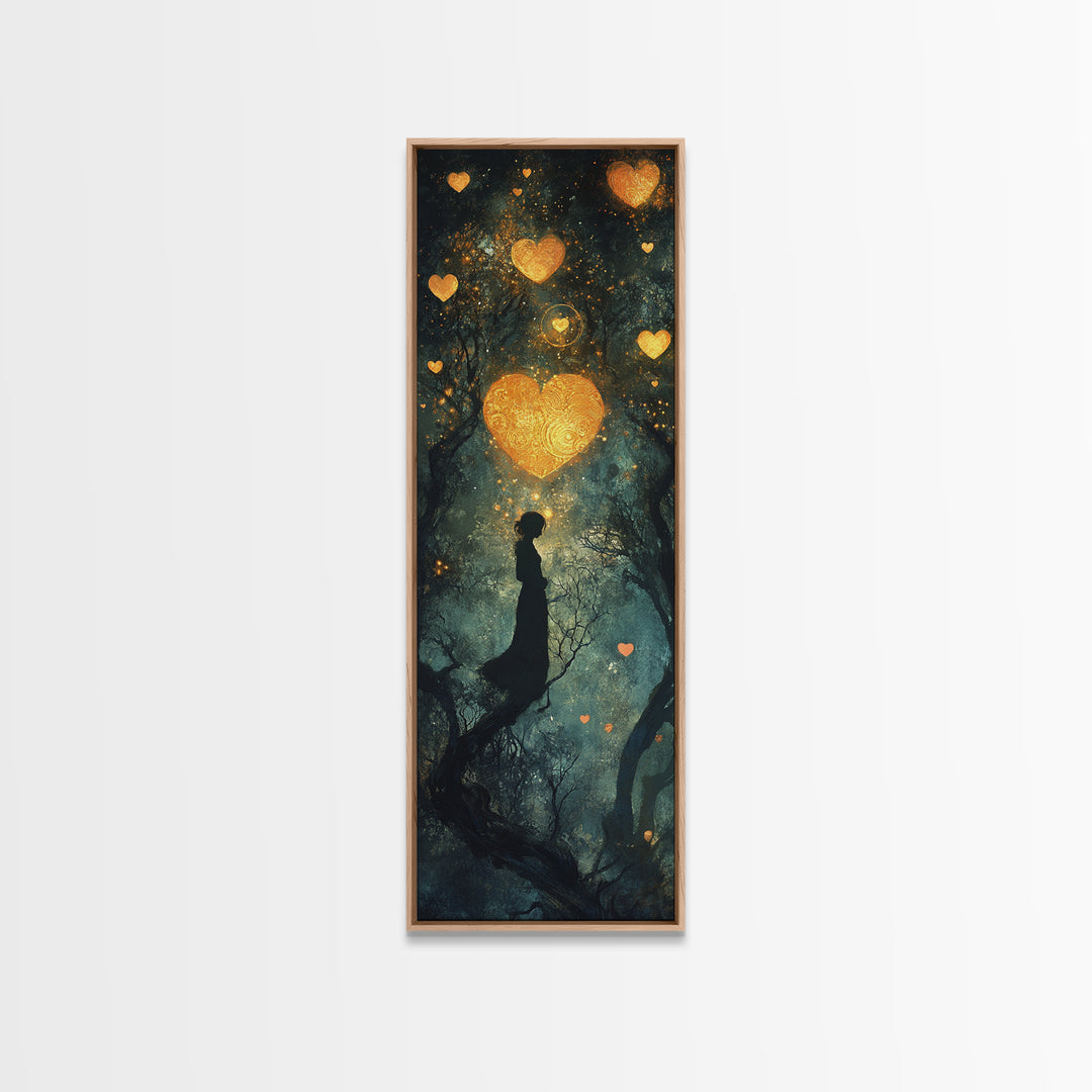 Mystical Heart Silhouette Canvas Print with Starry Night Forest, Moody Wall Art Gift Idea in Whimsical Romantic Style
