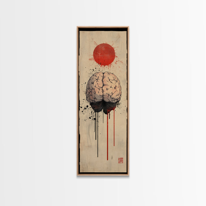 Red Sun Brain Framed Canvas Print, Abstract Science Wall Art, Moody Therapy Artwork, Vertical Wabi Sabi Decor, Living Room Art