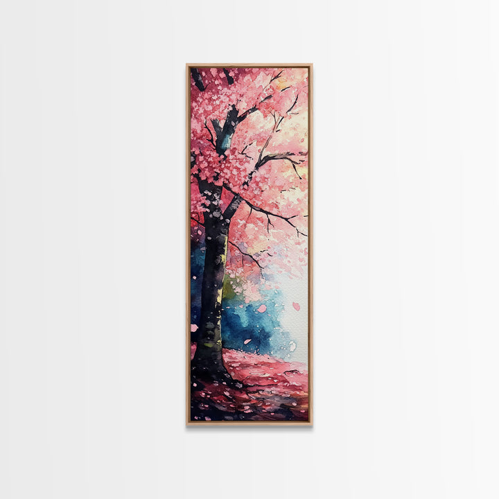 Cherry Blossom Tree Framed Canvas Print, Moody Pink Wall Art, Japanese Botanical Artwork, Vertical Minimalist Decor, Gift Idea