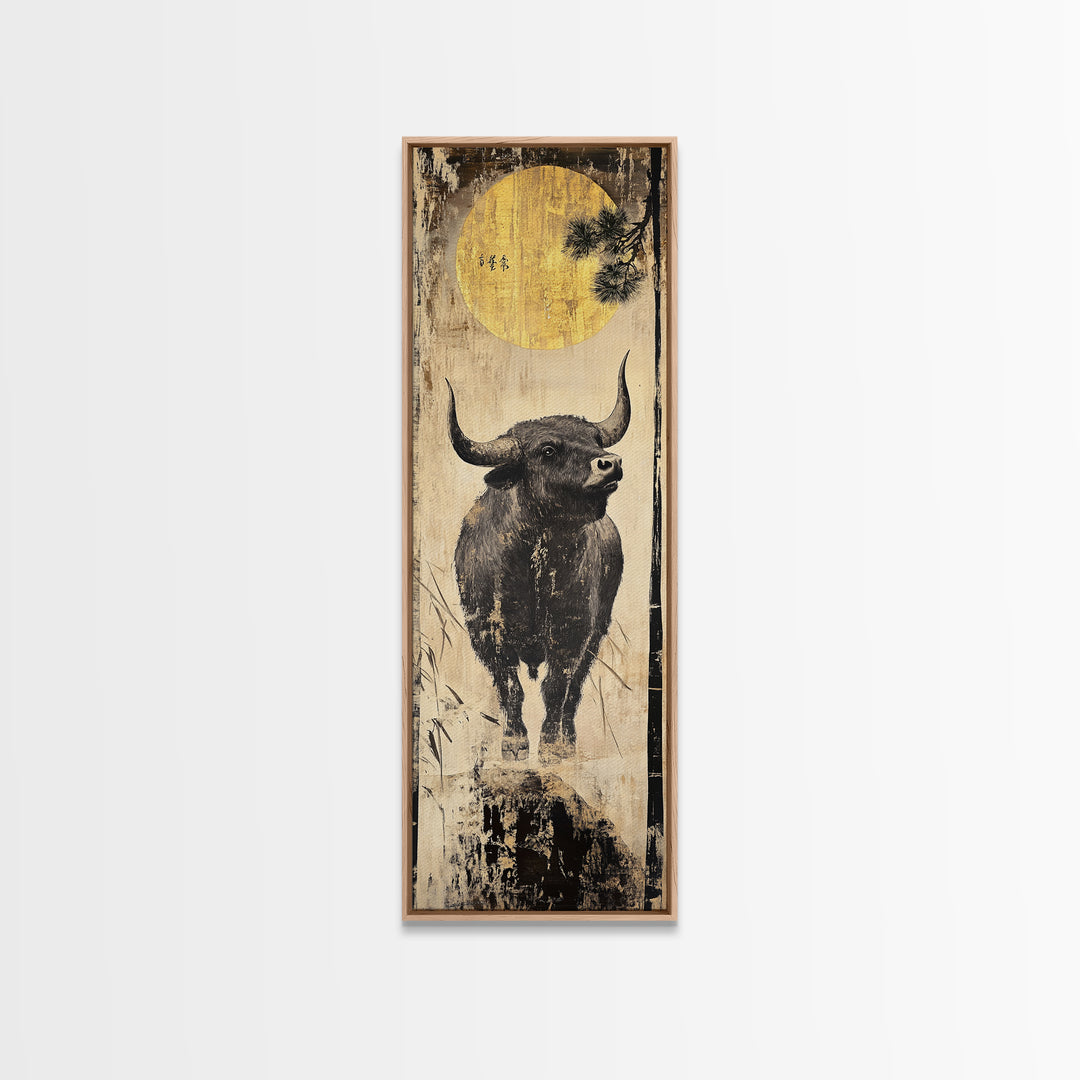 Modern Bull Artwork Framed Canvas Print, Rustic Animal Wall Art, Farmhouse Decor, Vertical Skinny Art, Pine Tree Moonlight Scene