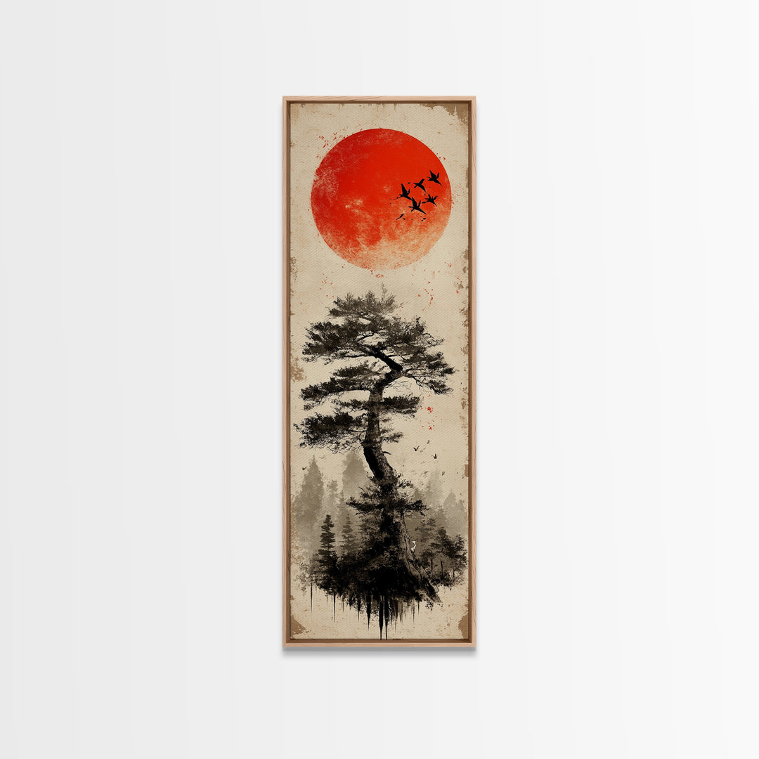 Bold Red Sun Pine Tree Framed Canvas Print Japanese Inspired Minimalist Wall Art Rustic Zen Decor Unique Vertical Nature Artwork
