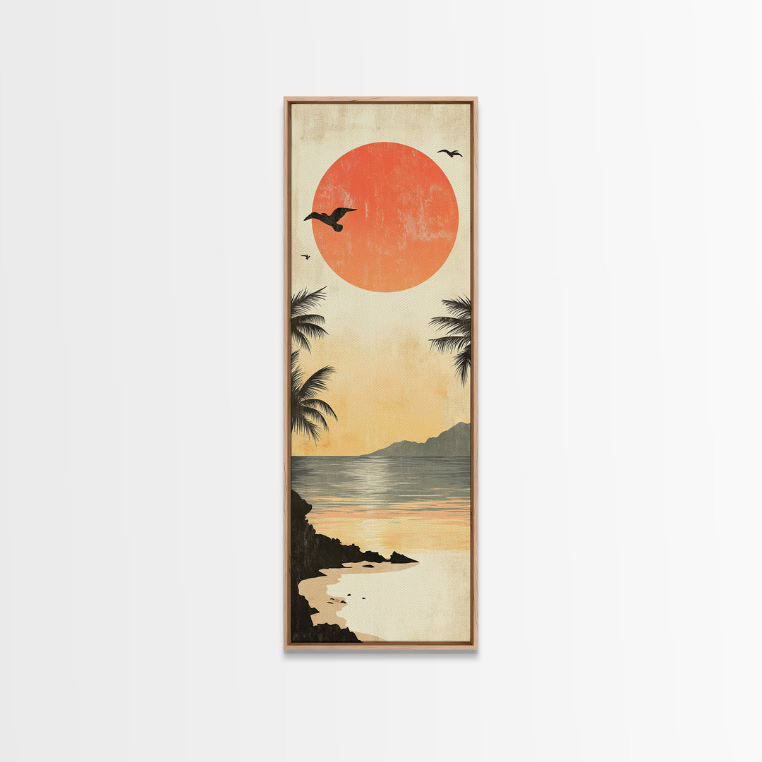 Seagulls At Sunset Beach Framed Canvas Print | Coastal Wall Art | Tropical Landscape Art | Nautical Painting | Living Room Decor