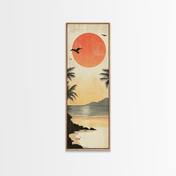 Seagulls At Sunset Beach Framed Canvas Print | Coastal Wall Art | Tropical Landscape Art | Nautical Painting | Living Room Decor