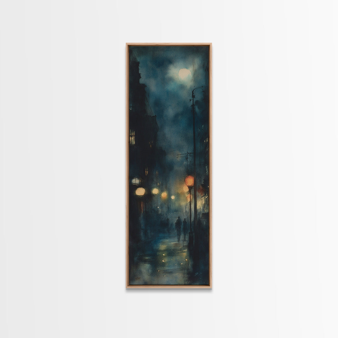 Moody Night Street Scene Framed Canvas Print | Vertical Wall Art | Moody Art | Living Room Art | Gift Idea Him | Urban Nightscape