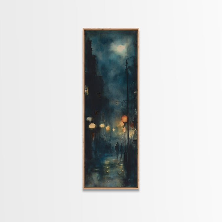 Moody Night Street Scene Framed Canvas Print | Vertical Wall Art | Moody Art | Living Room Art | Gift Idea Him | Urban Nightscape