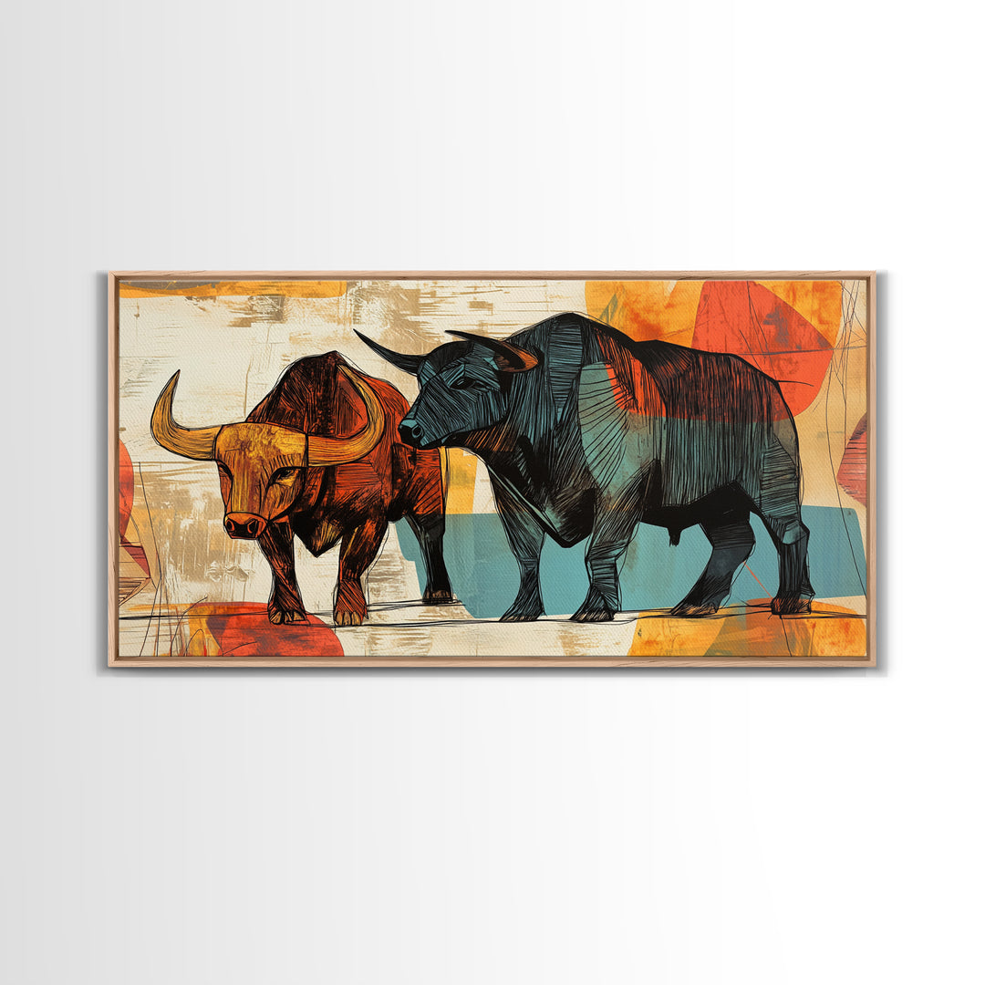 Abstract Bull Duo Framed Canvas Print Rustic Wall Art Geometric Bull Art Living Room Decor Bull and Bear Art Rustic Farmhouse Art
