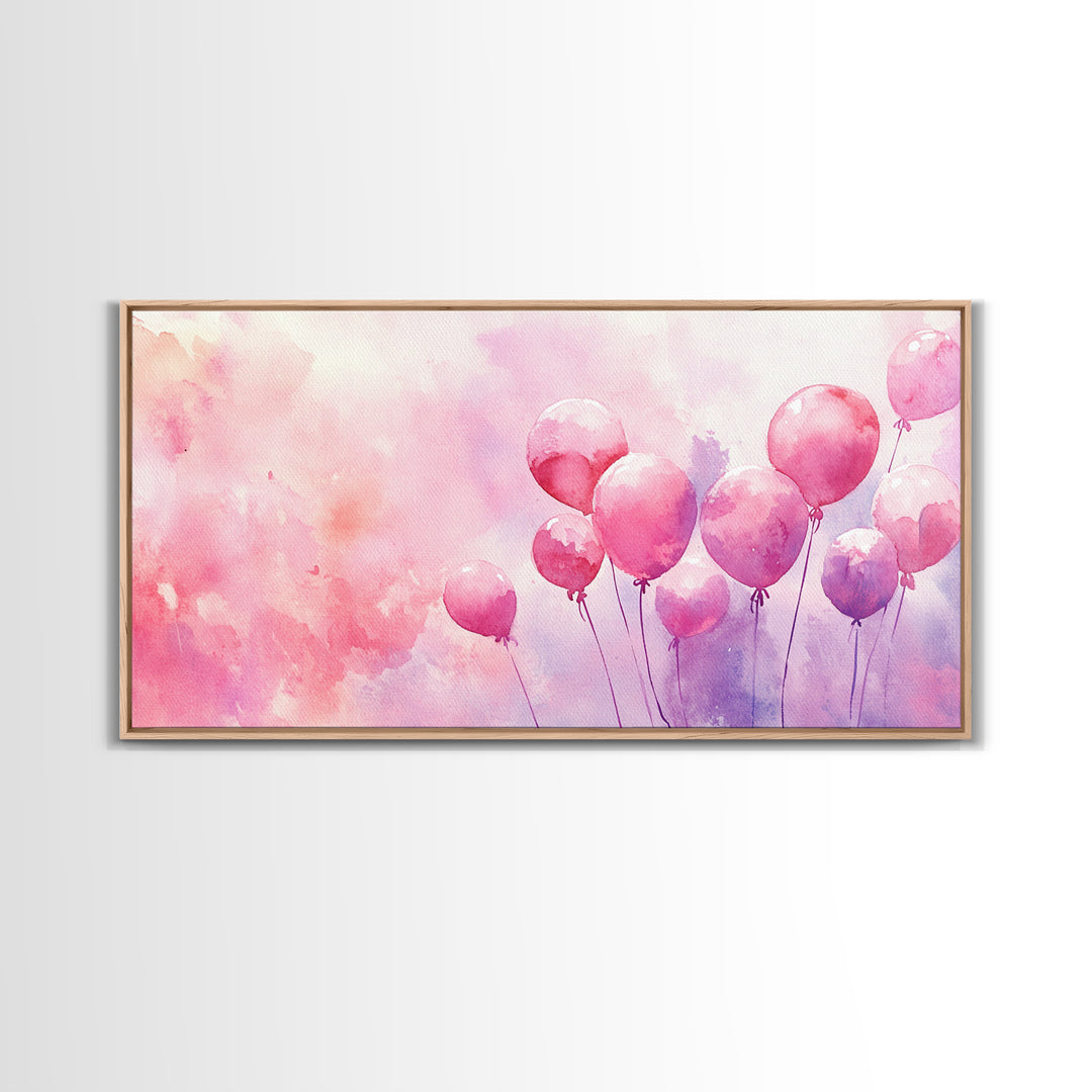 Pink Balloons Painting Framed Canvas Print, Whimsical Art Light Pink Wall Decor, Extra Wide Horizontal Wall Art Rustic Art Gift