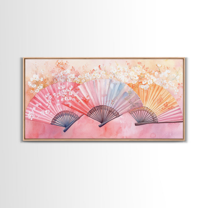 Cherry Blossom Fan Canvas Print Japanese Inspired Art Framed Pink Orange Wall Art Long Narrow Skinny Bedroom Rustic Spring Decor