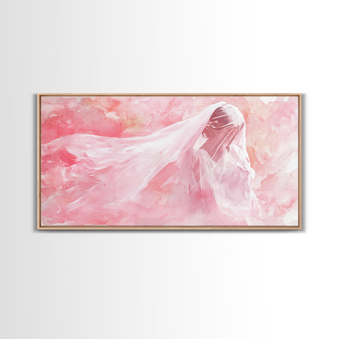 Delicate Veiled Woman Canvas Print Light Pink Wall Art Feminine Minimalist Art Bedroom Decor Above Bed Boho Art Gift Idea