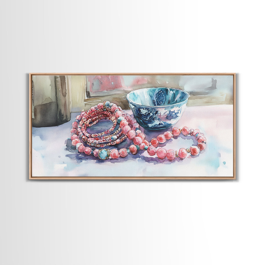 Beaded Necklace Canvas Print | Whimsical Boho Jewelry Wall Art | Pink and Blue Pastel Artwork | Feminine Room Decor | Gift Idea for Her
