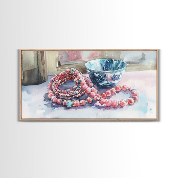 Beaded Necklace Canvas Print | Whimsical Boho Jewelry Wall Art | Pink and Blue Pastel Artwork | Feminine Room Decor | Gift Idea for Her
