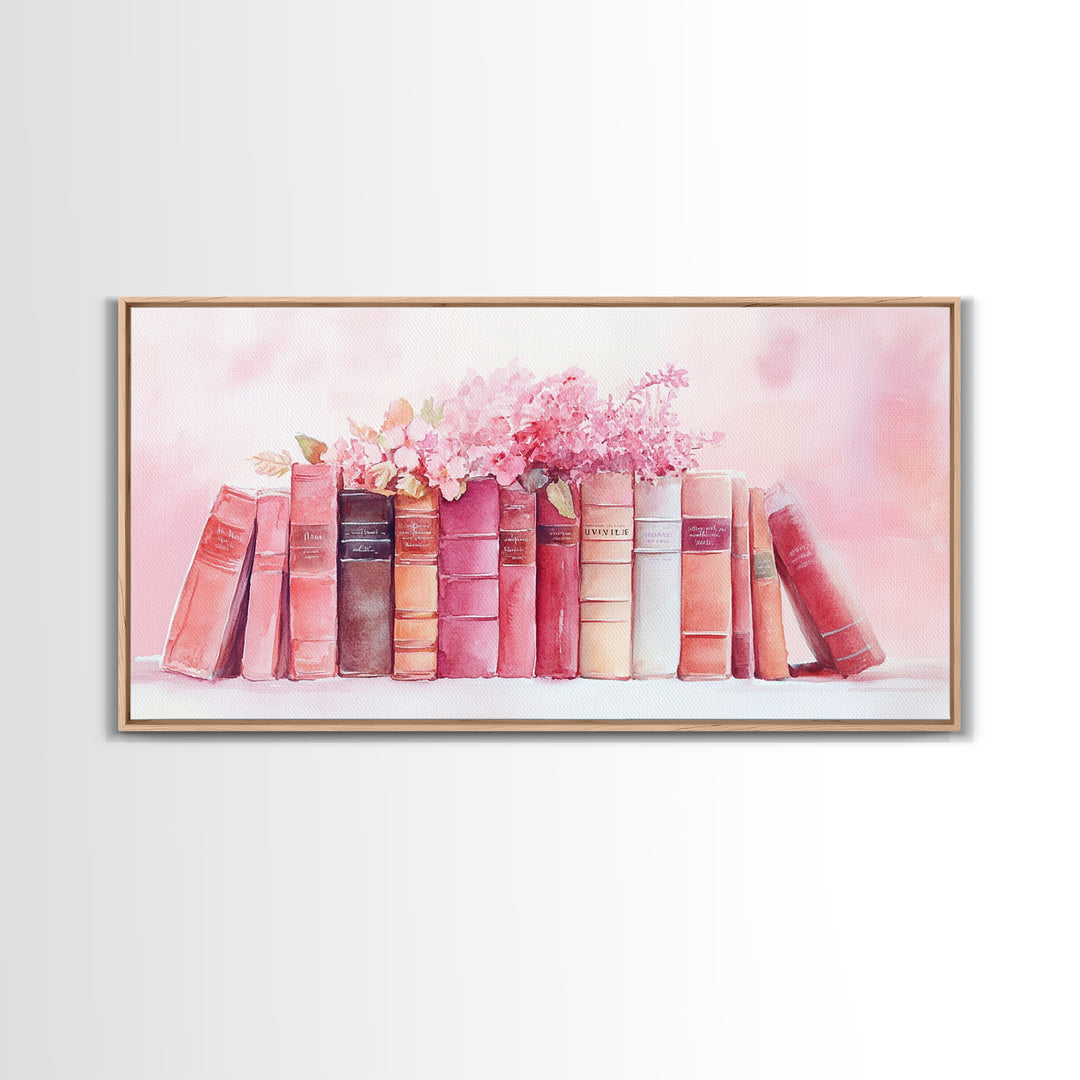 Vintage Book Stack Canvas Print | Botanical Pastel Wall Art | Cottagecore Library Decor | Feminine Reading Room Artwork | Gift Idea for Her