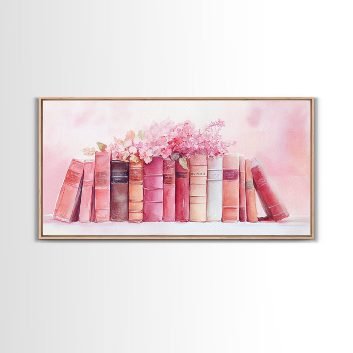 Vintage Book Stack Canvas Print | Botanical Pastel Wall Art | Cottagecore Library Decor | Feminine Reading Room Artwork | Gift Idea for Her