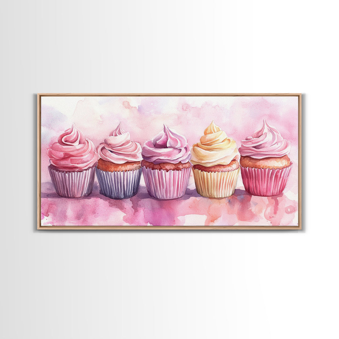 Cupcake Row Canvas Print | Whimsical Sweet Treats Wall Art | Kitchen Dessert Artwork | Pastel Food Lover's Decor | Light Pink Whimsical Art