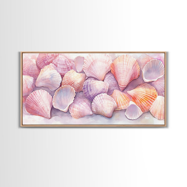 Coastal Seashell Canvas Print, Nautical Wall Art, Coastal Decor, Rustic Beach Art, Light Pink Shell Painting, Coastal Landscape Art Gift