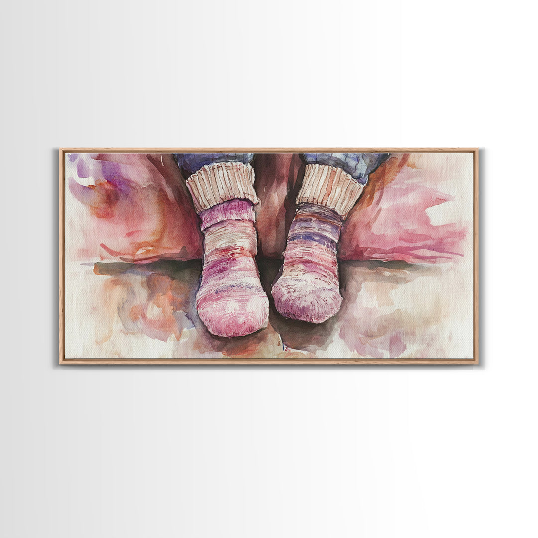 Cozy Socks Canvas Print, Rustic Light Pink and Warm Toned Painting, Whimsical Art as Fall Decor for Bedroom or Lounge Area