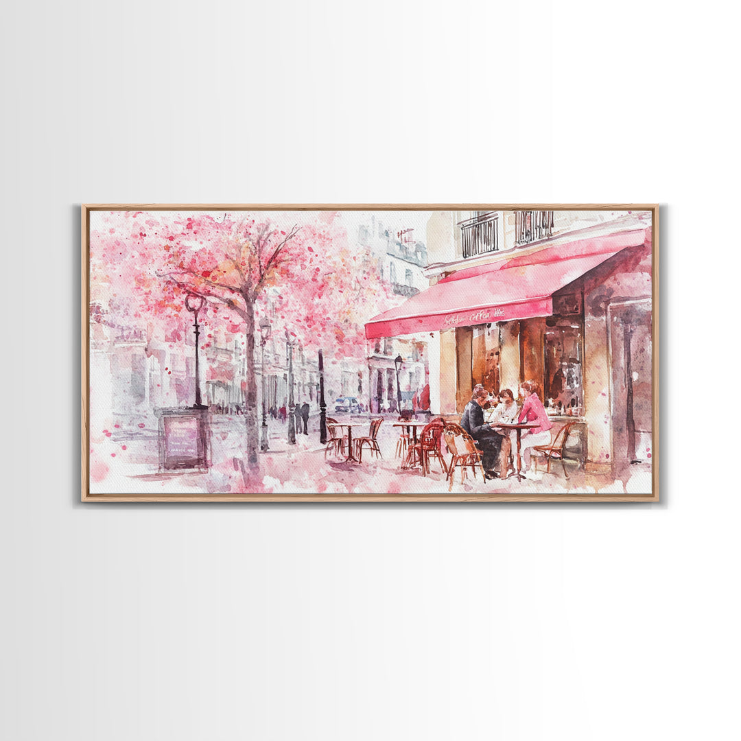 Parisian Café Scene Framed Canvas Print, Cherry Blossom Painting, European Street Art, Romantic Wall Art, Living Room Decor