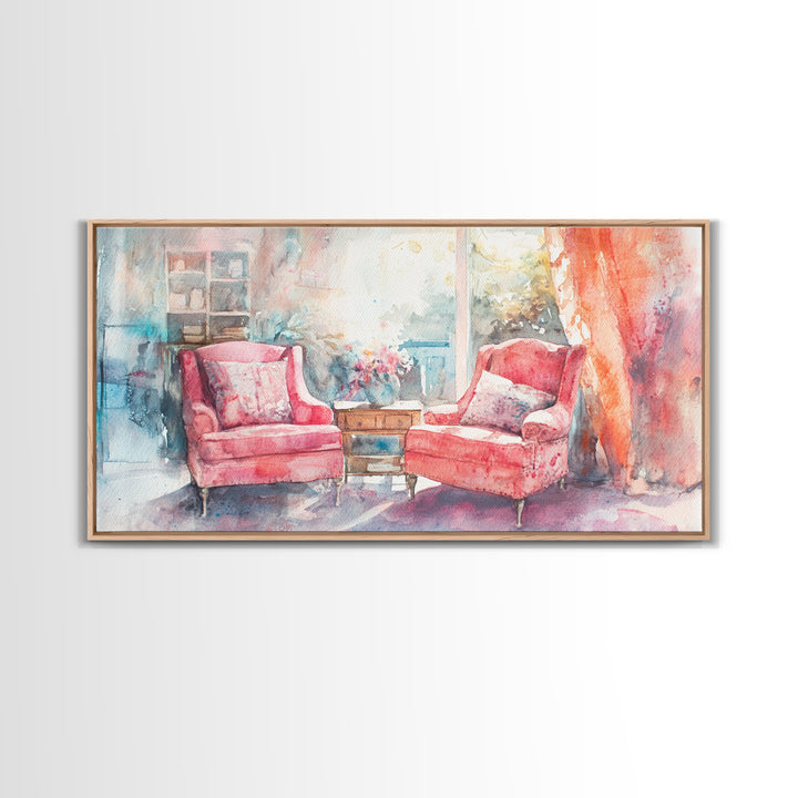 Cozy Armchair Canvas Print | Farmhouse Living Room Wall Art | Rustic Decor | Framed Canvas Print Gift Idea | Above Couch Pink Art