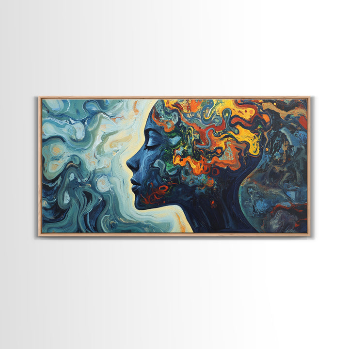 Abstract Woman Mind Framed Canvas Print - Artistic Brain Art Therapy Decor - Blue and Green Geometric Wall Art Minimalist Style