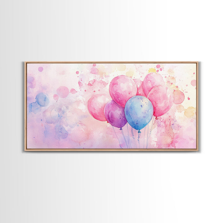 Balloon Cluster Canvas Print | Whimsical Art, Light Pink and Blue Wall Art, Birthday Decor, Pastel Wall Art, Playroom Art, Living Room Decor
