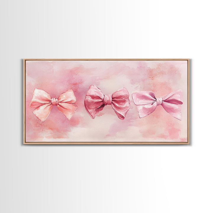 Bow Tie Trio Painting with Pink Orange Wall Art Aesthetic Framed Canvas Print, Whimsical Art Bedroom or Living Room Decor