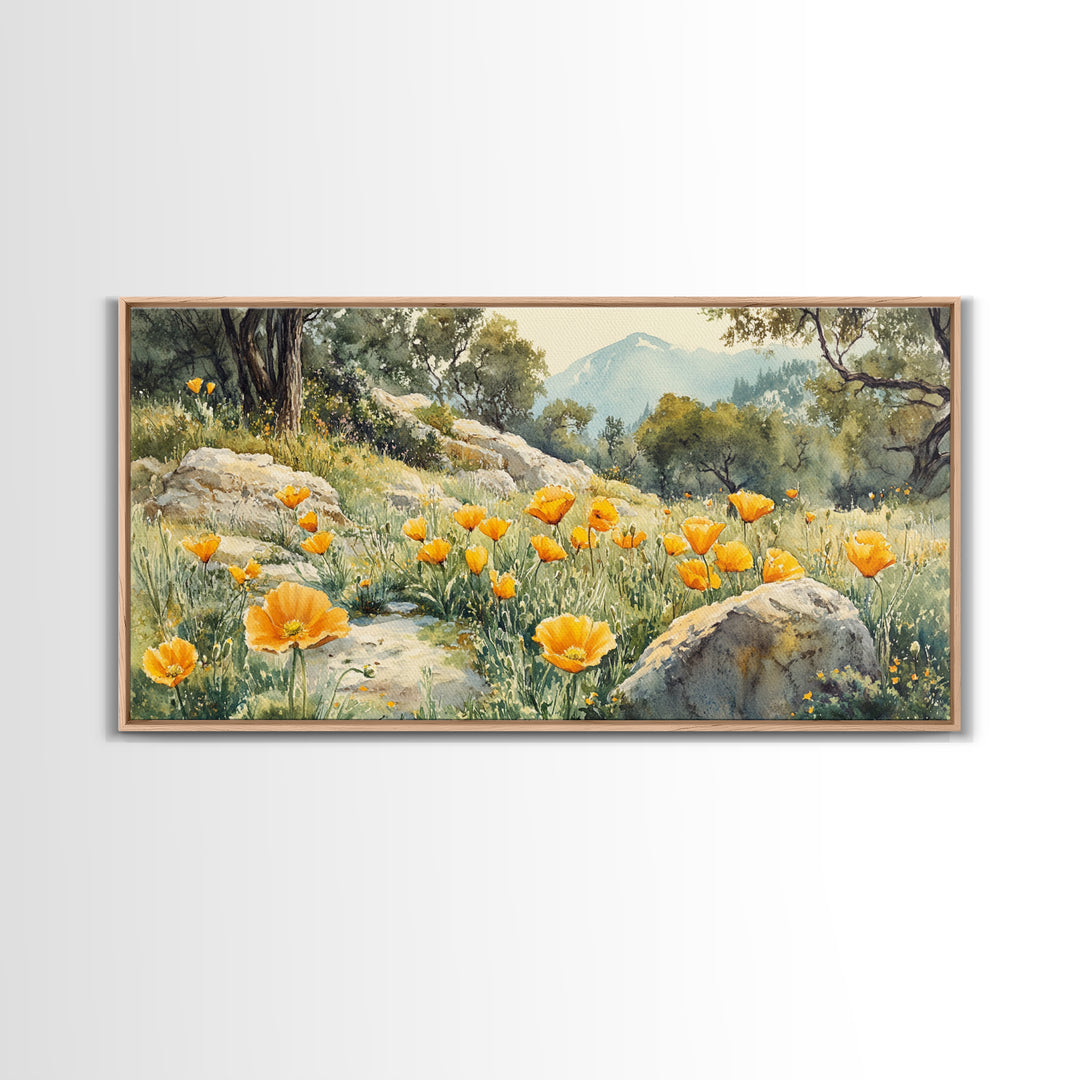 California Poppy Art Landscape Framed Canvas Print Wildflower Wall Art Rustic Decor Above Sofa Living Room Art Gift Idea
